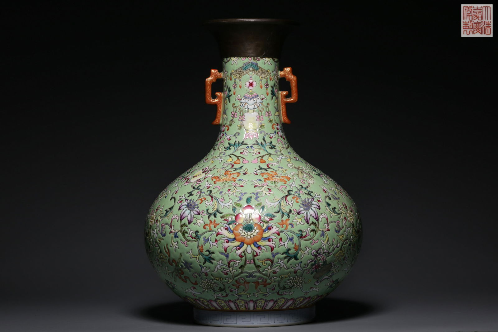 Turquoise green glaze wrapped branch flower pattern tin mouth amphoric bottle (1 of 9)