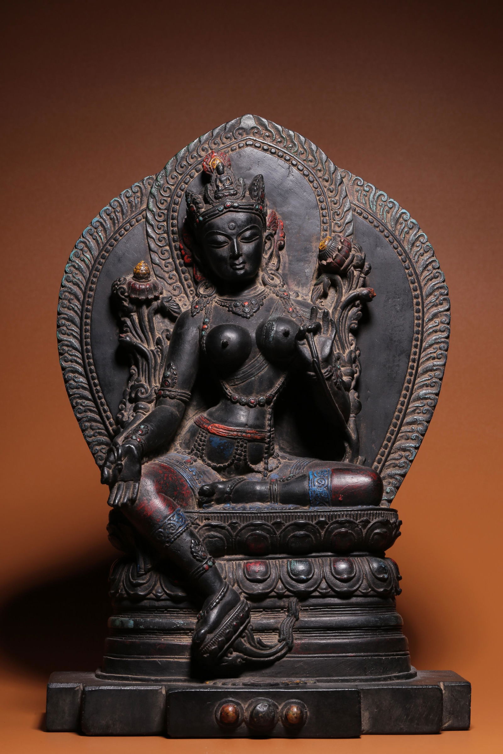 Qing Dynasty, black stone with color Tara sitting figure (1 of 8)