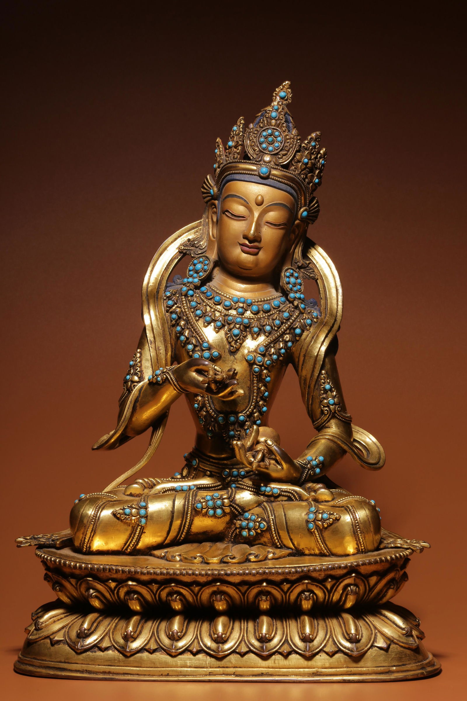 Qing Dynasty, bronze gilt and inlaid with stone diamond hammer sitting statue (1 of 9)