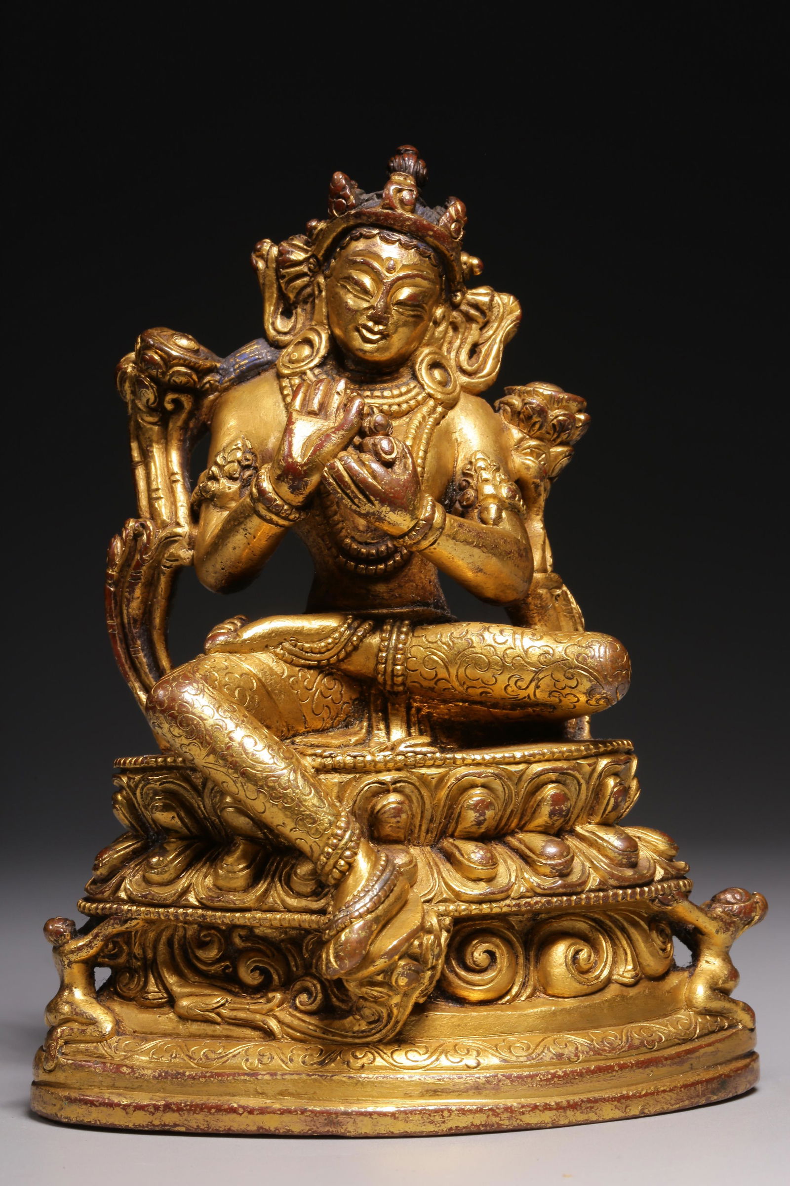 Early Qing Dynasty, gilt bronze Pala-style green Tara seated figure (1 of 9)
