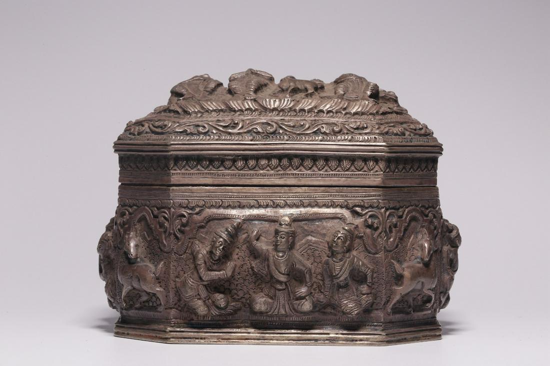 Theravada Buddhist chiseled silver cover box from Southeast Asia (1 of 9)