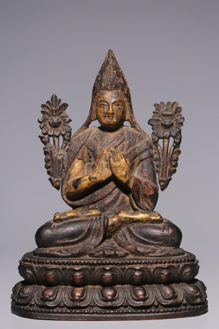 Qing Dynasty, red sandalwood lacquer gold sitting statue of Zongkaba (1 of 9)