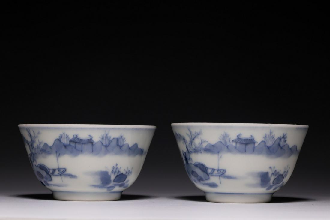 Blue and white landscape map small cup a pair (1 of 7)