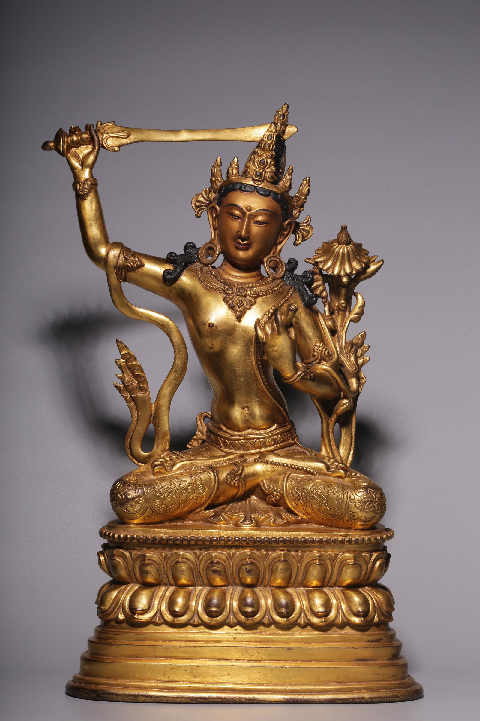 Sitting bronze gilt statue of Manjusri Bodhisattva in Qing Dynasty (1 of 9)