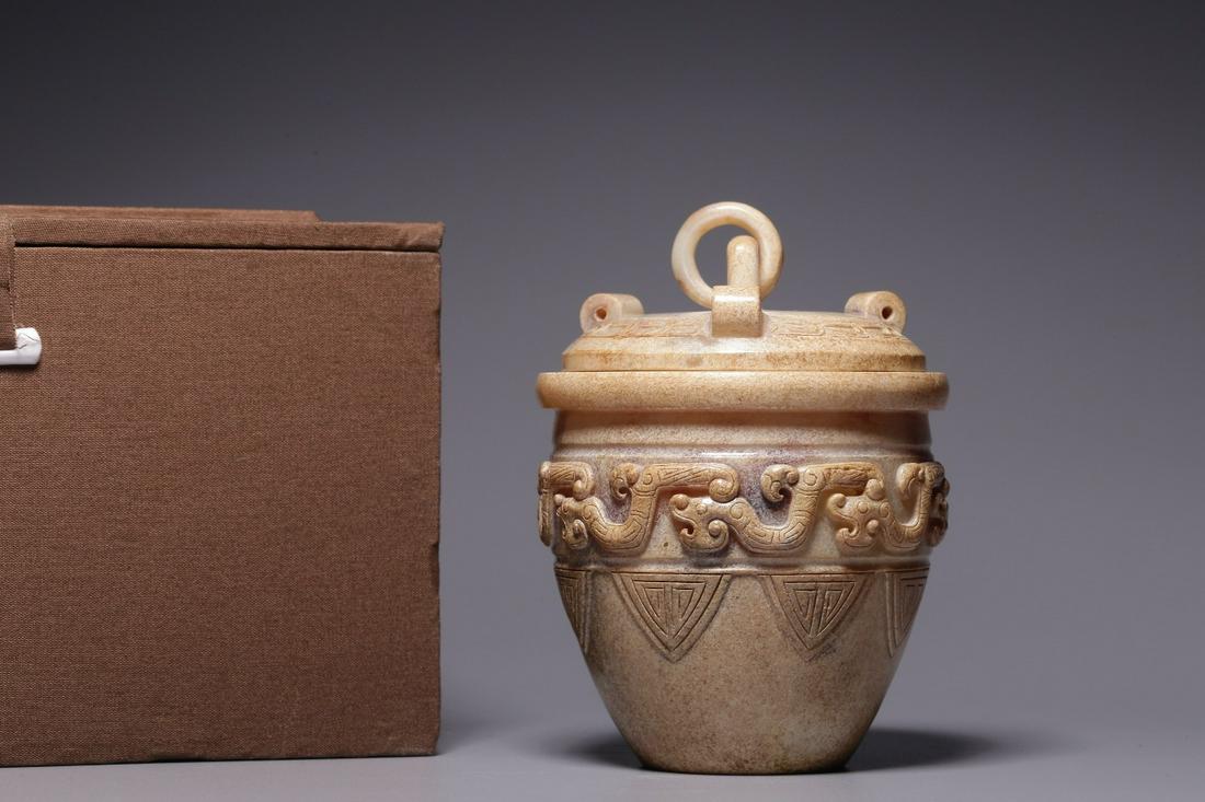 Ancient Hetian jade Chi dragon ring with new lid jar (1 of 9)