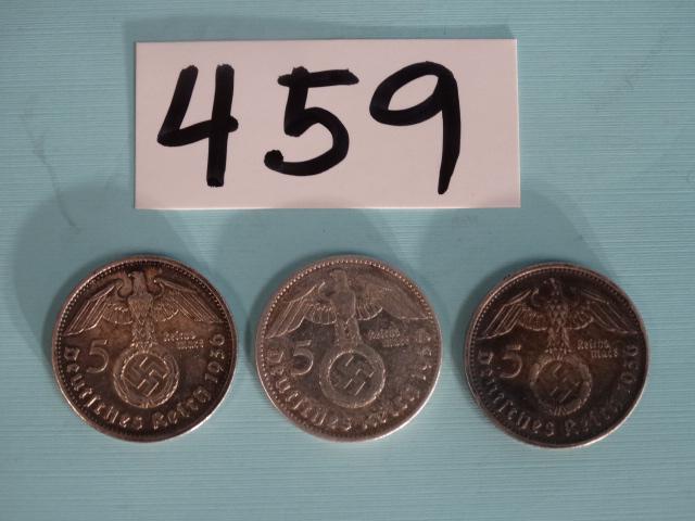 (3) Five Reichmark 80% Pure Silver German Coins (3 x $ ): These are large coins that have 80% Pure Silver content that the Germans used during the time the Nazis were in power. They have the Eagle and the Swastika on them and the dates are two 1936 and one 1