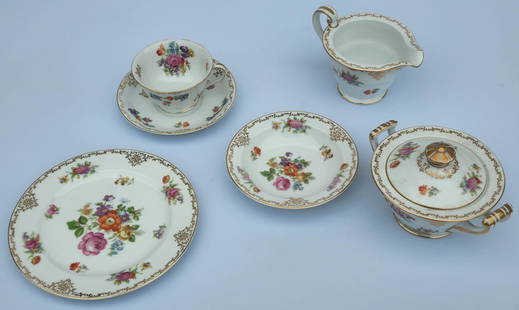 Noritake Partial Porcelain Luncheon Set - Dresita Pattern with Gold Trim: A Noritake Partial procelain lunch-in set in the Dresita pattern, 20th centuryVintage from 1940s - Dresden Floral center and rim with intricate gold scrolls - stamped Made in Occupied Japan - after