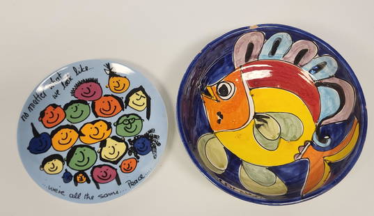 Phil Collins Collector's Plate 'Peace' with La Musa Italian Painted, Glazed Terracotta Bowl: Phil Collins Collector's Plate titled "Peace" from Whatever It Takes Org. Manufactured by Churchill and numbered edition B154. Together with a hand-painted, glazed terracotta bowl with signature