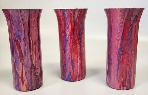 Set of Three Purple Abstract, Fluid-Art Glass Vases: Three abstract fluid-art acrylic-painted glass vases with flared topsLocal Artist: Alex WilliamsDimensions: 9 H x 4 W in (each)All proceeds from our auctions support the mission of the Dorian Gray You