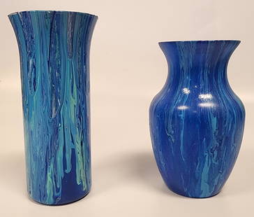 Set of Two Abstract, Fluid-Art Glass Vases: Pair of abstract fluid-art acrylic-painted glass vases with flared necks Local Artist: Alex WilliamsDimensions: Flared Top: 9 H x 4 W inFlared Neck: 8 H x 5 W inAll proceeds from our auctions support