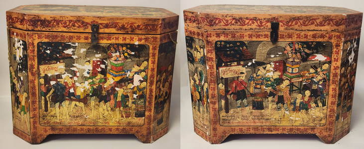 Set of Hand-Painted Asian Chests with Glass Tops