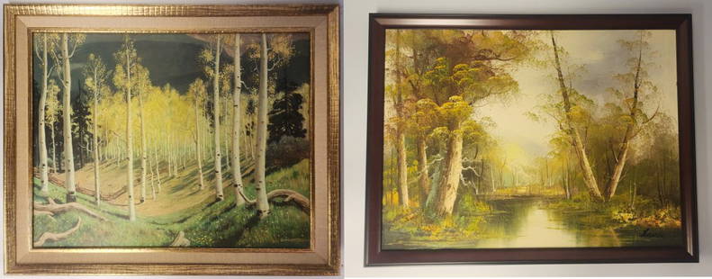 Set of White Birch Forest Lithograph & Oil Painting: Southwest US white birch painting by cartoonist and landscape artist James Swinnerton - signed bottom right (part of print). Together with a landscape of trees along a rivers edge. Signed by the artis