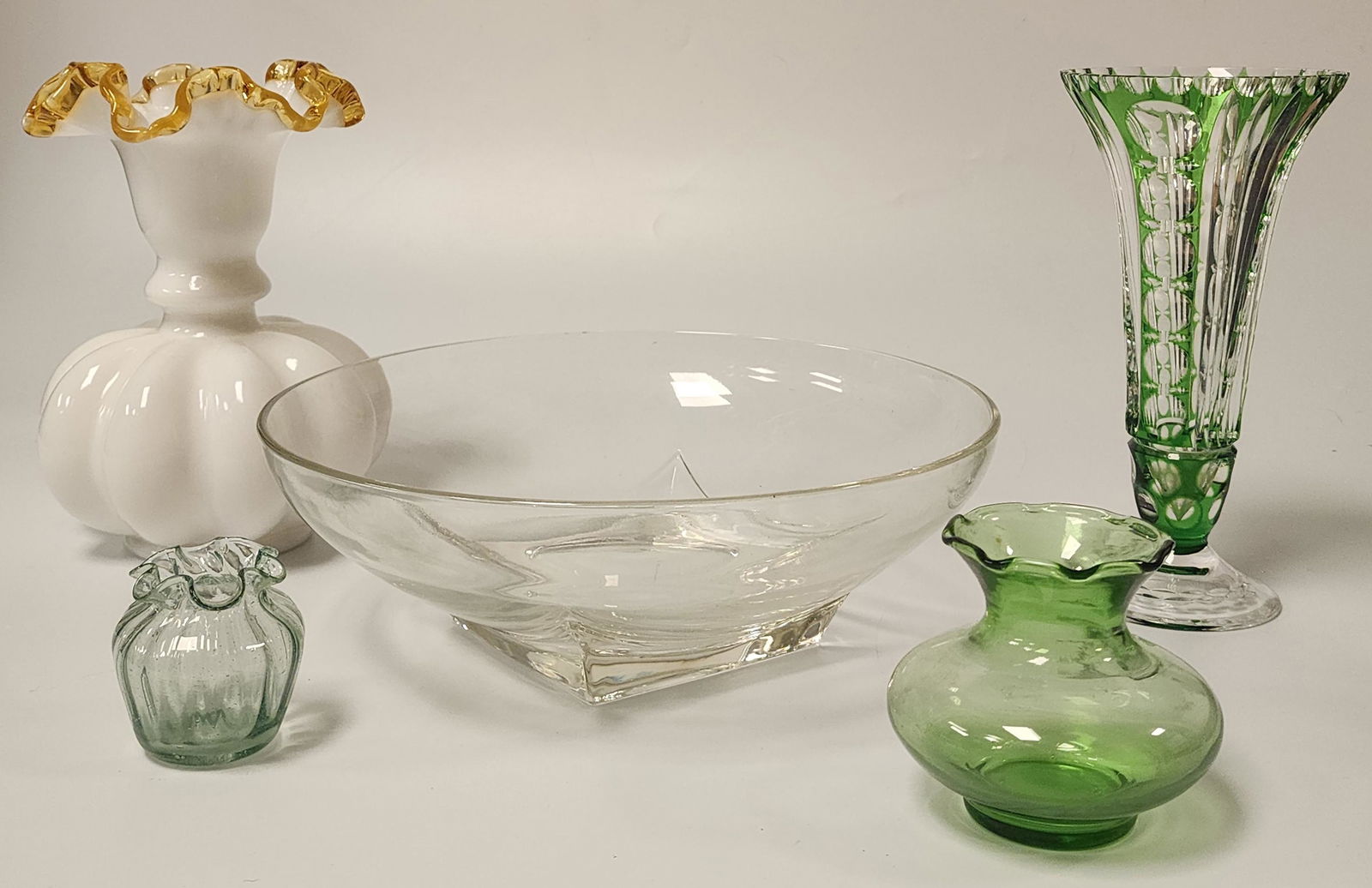 A Collection of Colored and Clear Etched and Blown Glass Decorative