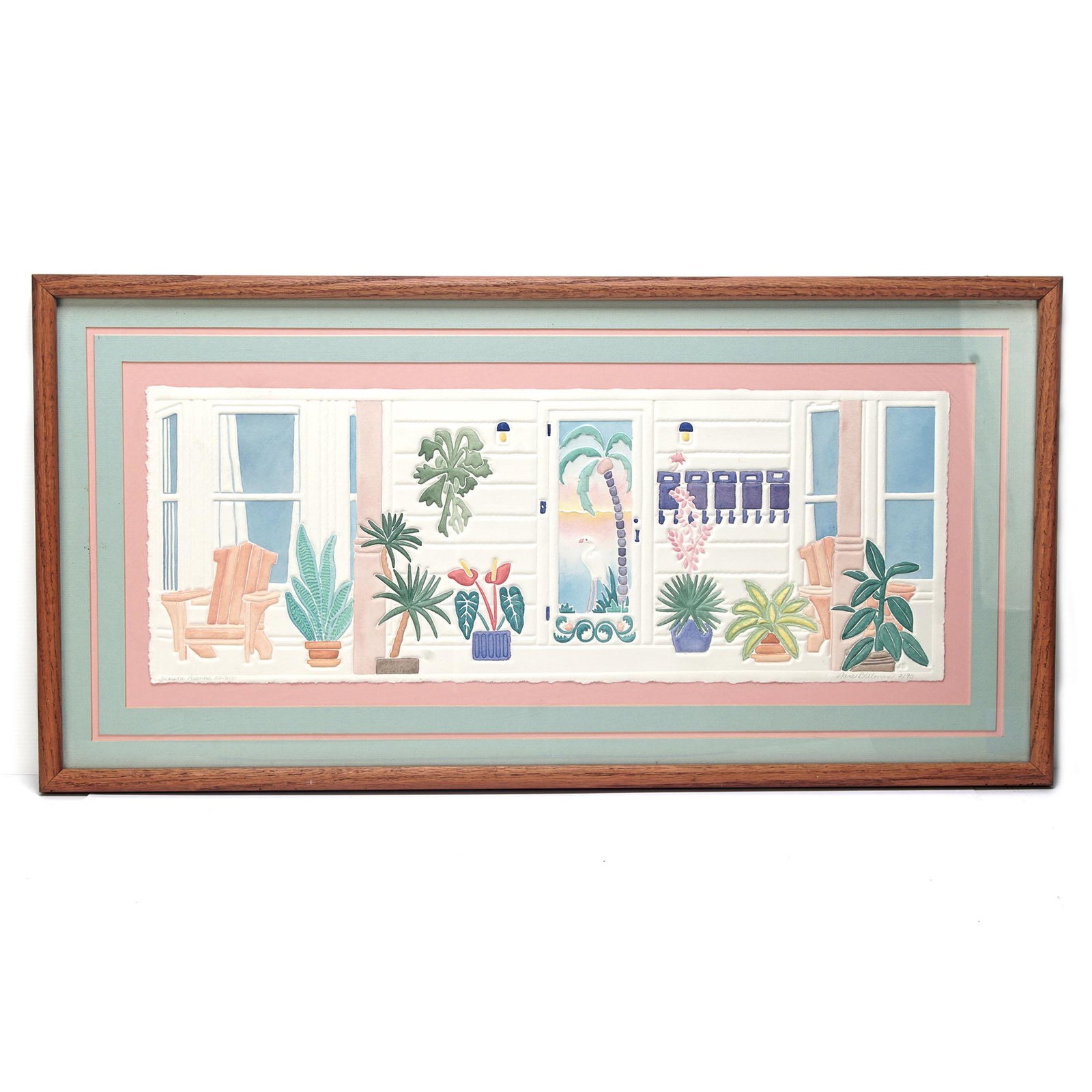 Limited Edition "Florida Avenue" Signed By Jane Billman: A limited edition 22/250 of "Florida Avenue" embossed pastel art with a dusty rose backdrop. Condition is excellent. Dimensions Height: 18 in. Length: 36 in. Width: 1-1.5 in.