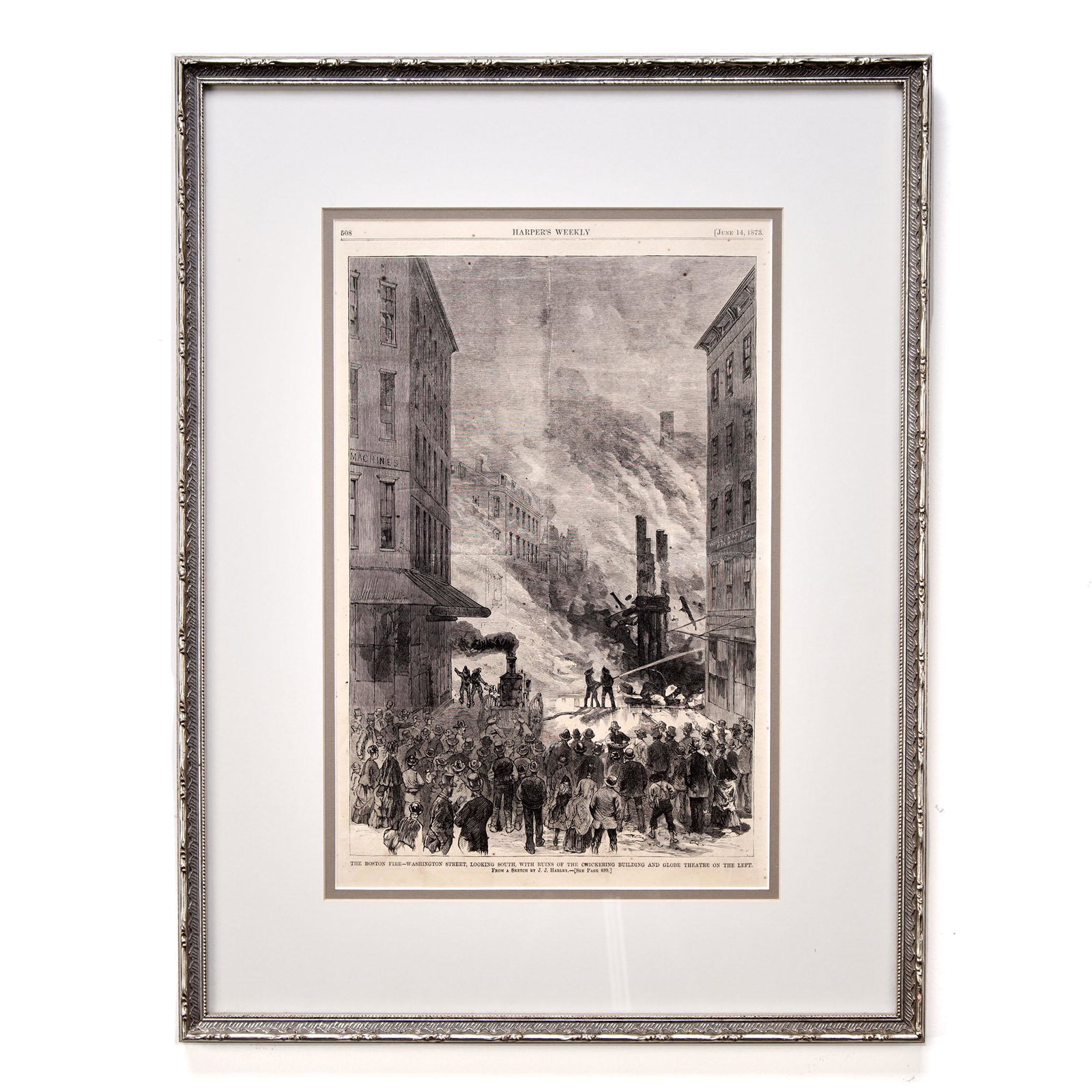 Vintage Sketch J.J.Harley Depicting The Boston Fire Art: The Published Harpers weekly dated June, 14 1873 The Boston Fire- Washington street, looking south, with ruins of the Chickering building and globe theatre on the left. Sketch by J.J. Harley. Conditio