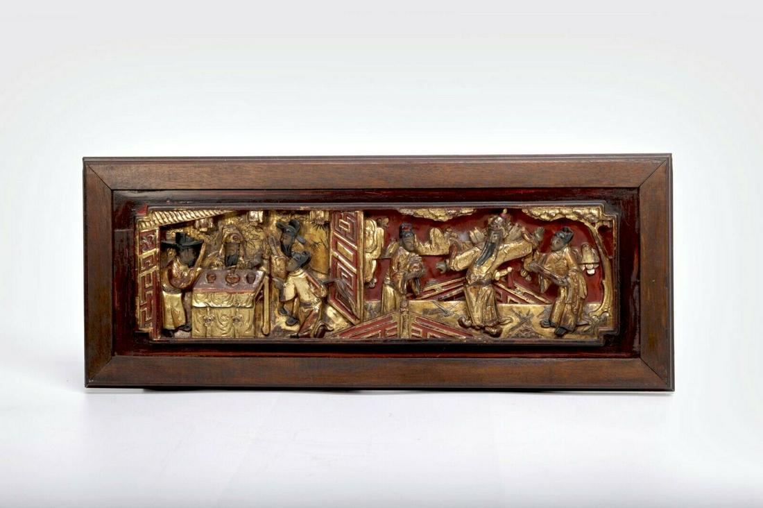 Antique Chinese Hand Carved Lacquer Wood Gilt Art Panel (1 of 7)