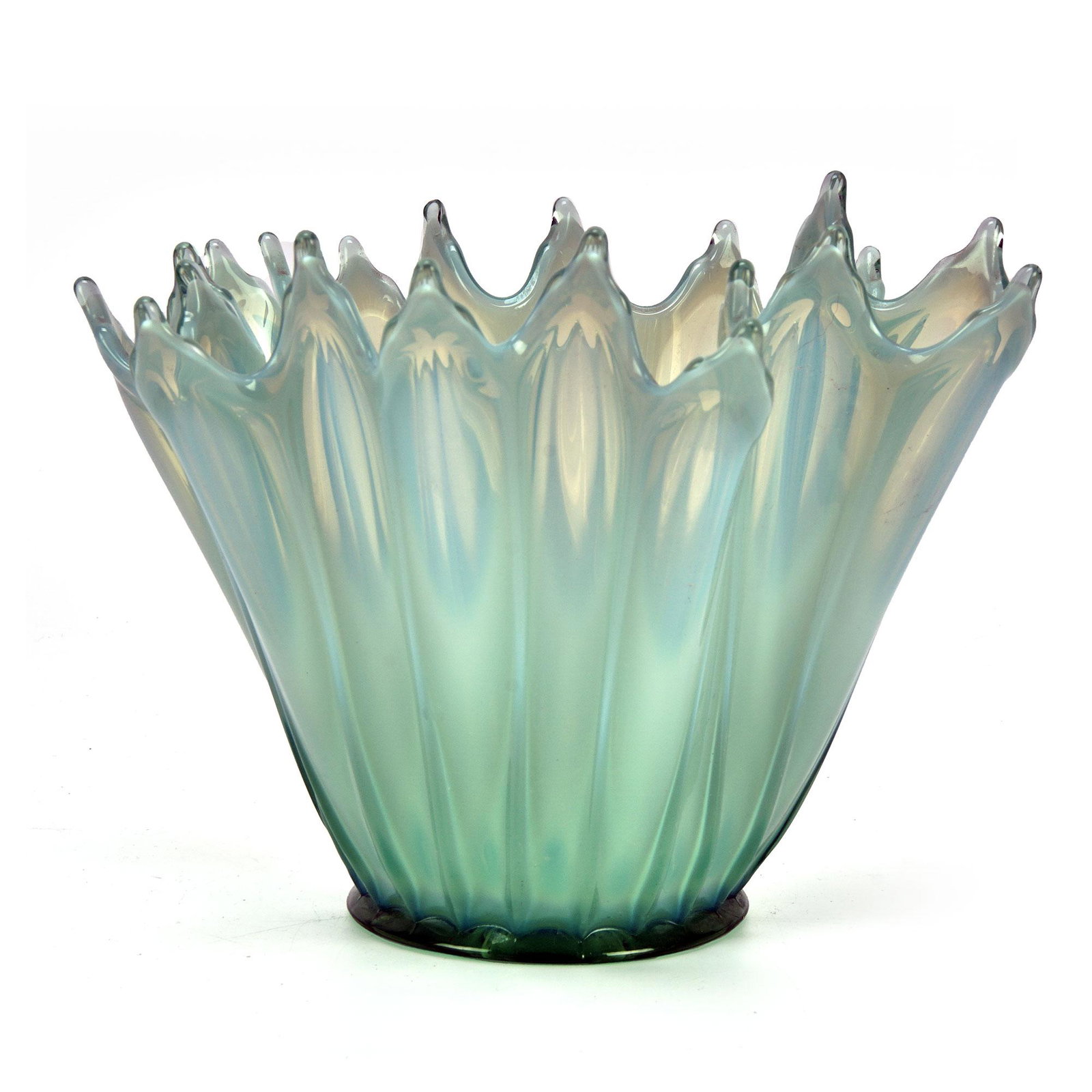 Fosteria Heirloom Opalescent Green Glass Centerpiece: The handkerchief bowl from the Mid Century Heirloom line of Fostoria art glass is made by hand, making each piece a bit different. This version is a green opalescent 9.5" bowl with clear tips. Conditi