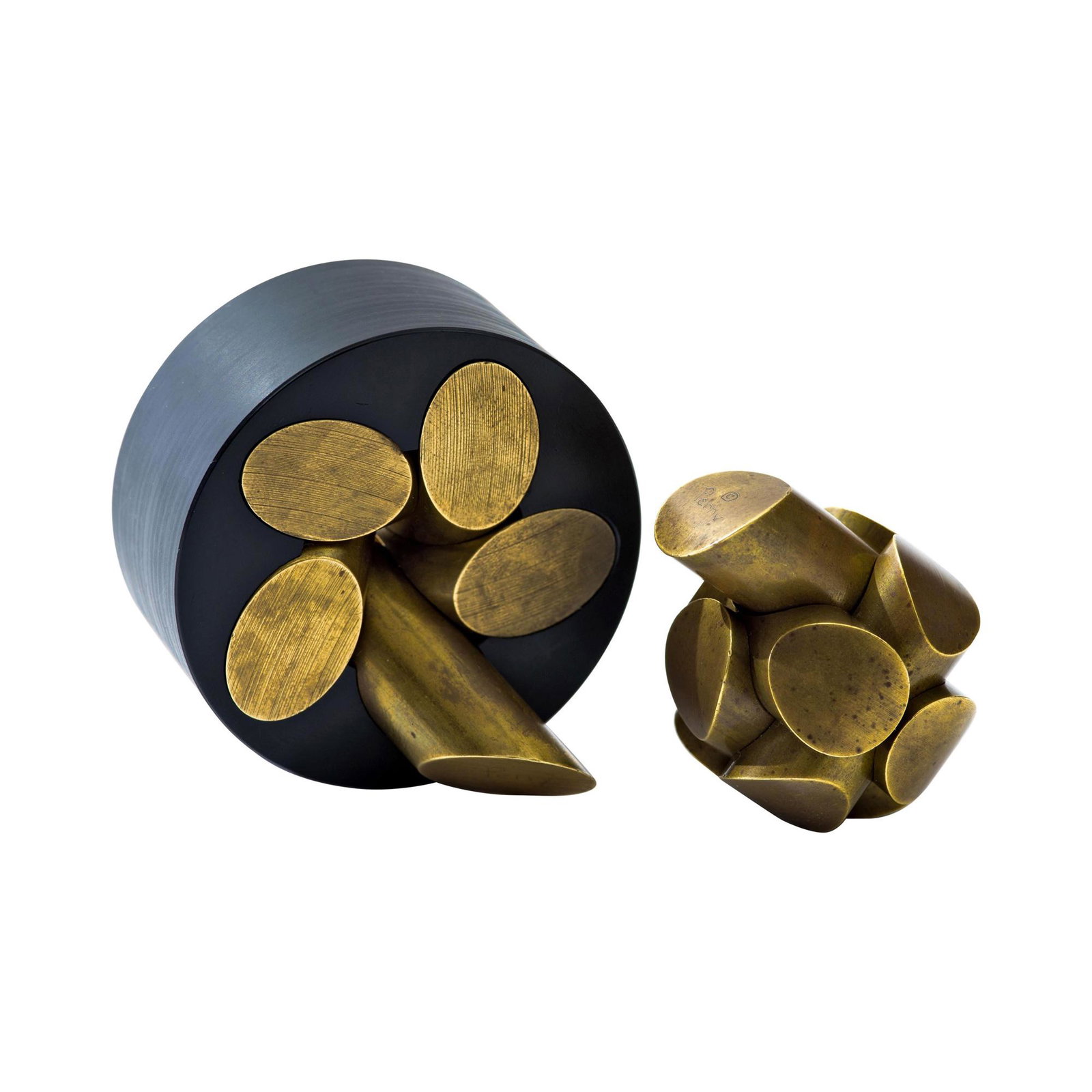 Charles O. Perry Sculptor Ball and Zen Precision Puzzle: Ball Puzzle in brass, designed in 1967, and Zen Puzzle in brass and Delrin, 1987, designed by sculptor, Charles O. Perry. Ball puzzle comes with its original felt case and instructions. Both show wond