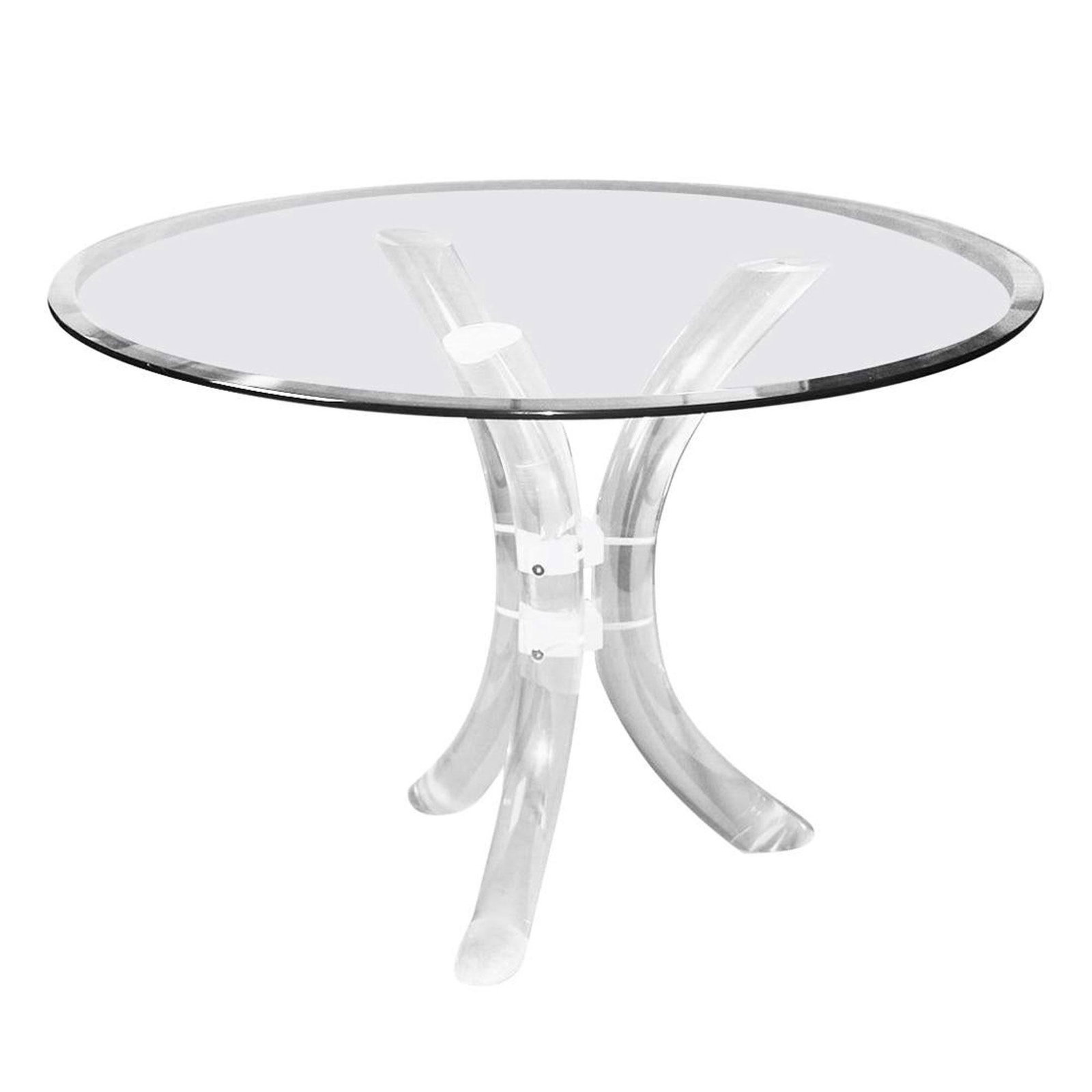 Charles Hollis Jones Tusk Pedestal Dining Table Base: This is an attractive stunning midcentury architectural design glass and Lucite tripod base dining table by Charles Hollis Jones. This stunning modern table features 3/8" thick round bevelled clear gl