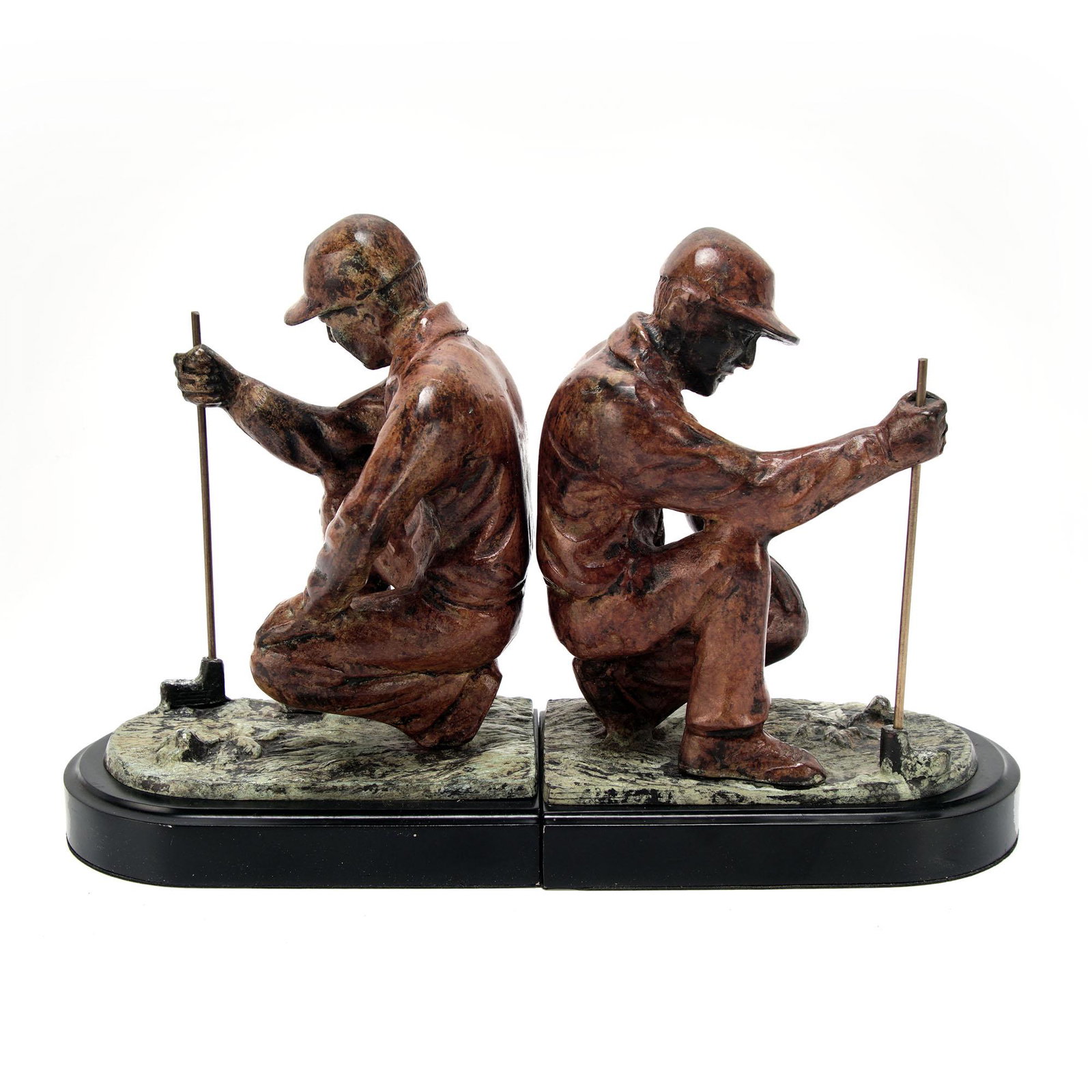 Golfer Kneeling Metal Bronze Finish Patinated Bookends: Half oval base bookends with bronze metal finish golfer kneeling with a hat. Dimensions Height: 8-8.25 in. Length: 6.5 in. Width: 4.5 in. Approximately. Shipping Options: Notable Auctions will off