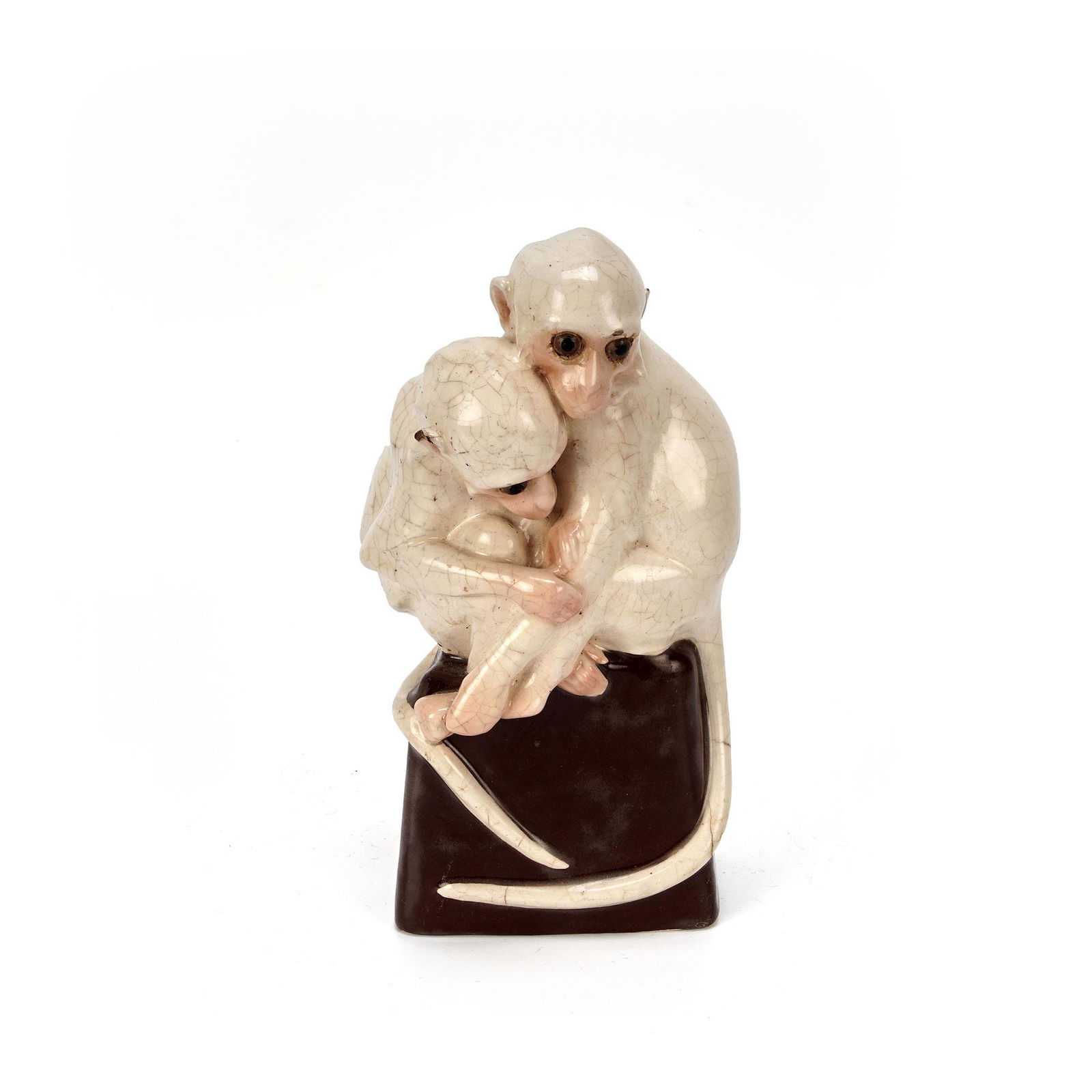 Rare Antique Wiener Werkstatte Austria Duo Monkey Figural Lamp: Extremely RARE antique Wiener Werkstatte monkey duo lamp. The monkeys have a crackled glaze effect with a brown base. A stamped mark on the und