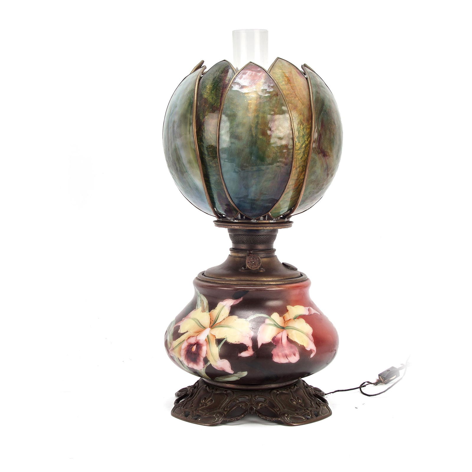 Antique Slag Glass 12 Petal Tulip Electric Hurricane Lamp (1 of 10)