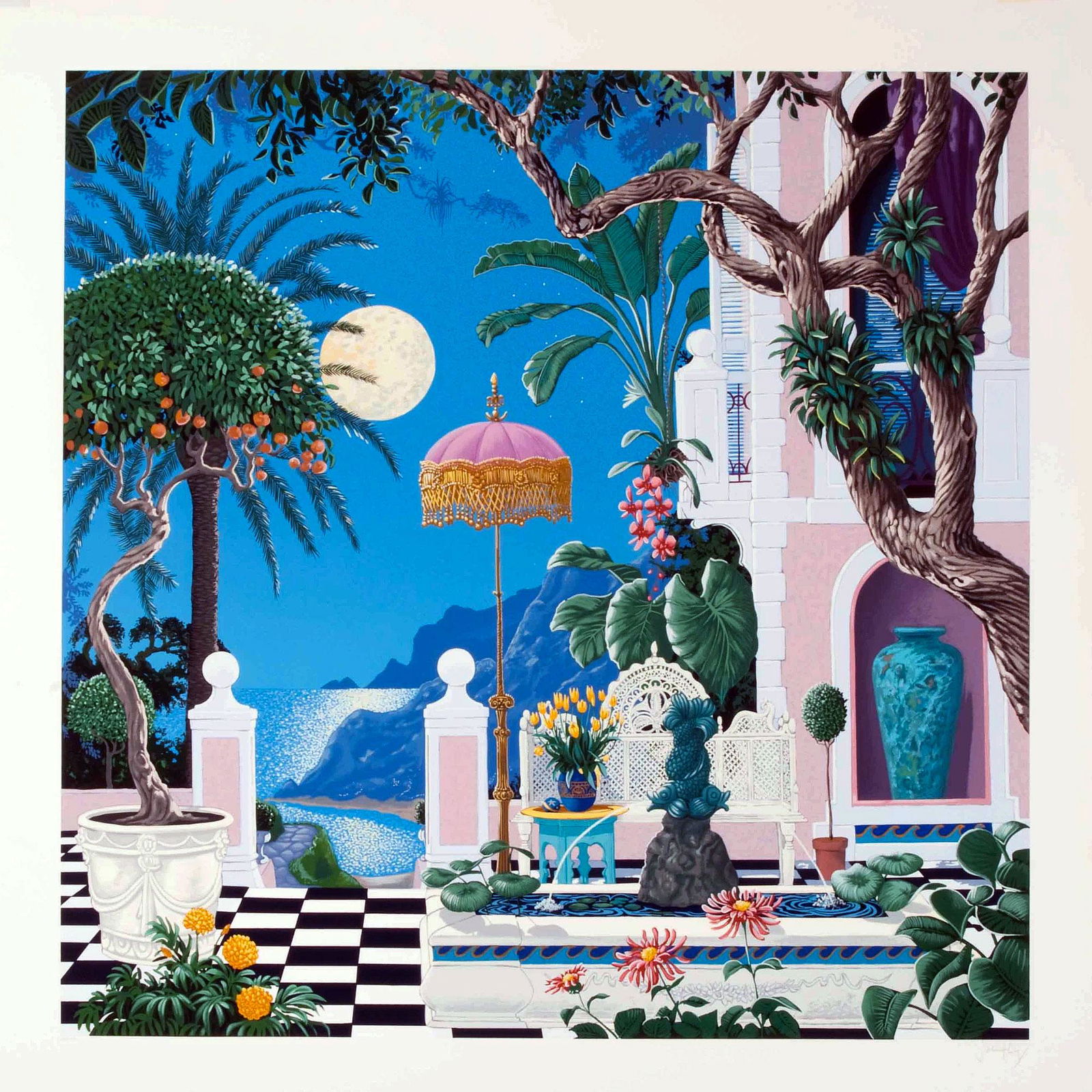 Positano Moon Artist Proof Serigraph by John Kiraly: John Kiraly's paintings depict a delightful mix of illusion and reality. Vibrant tropical foliage, the colors and feel of the Mediterranean and Caribean climate, and architecturally-exquisite building