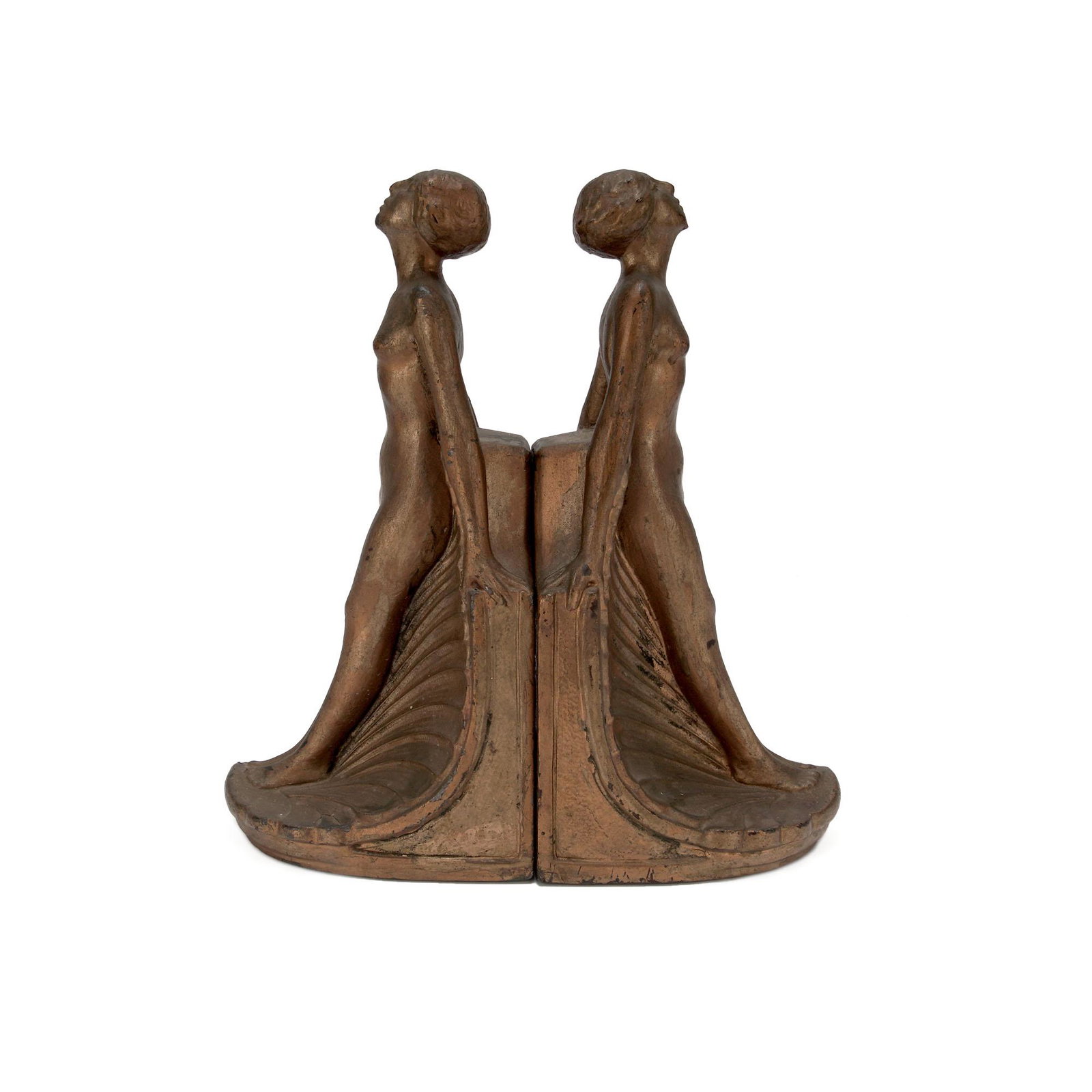 Art Deco Nude Lady Bookends After M.Guiraud Riviere: Art Deco inspired by M Guiraud Riviere these bookends show shapely nudes leaning atop scalloped shells. Shipping Options: Notable Auctions will offer optional in-house shippi