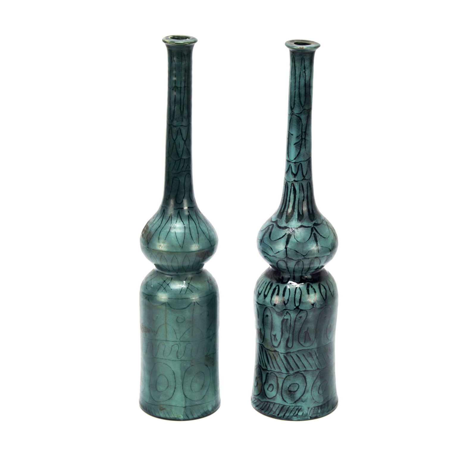 Rare Angelo Minghetti Mid Century Modern Vases/Bottles: A pair of rare mid-century modern Angelo Minghetti (Italian 1822â€“1885) art ceramic bottles. Artist signed on bottom. DimensionsHeight: 13-14 in.Base: 3.5 in. Shipping Options: Notable Auctions