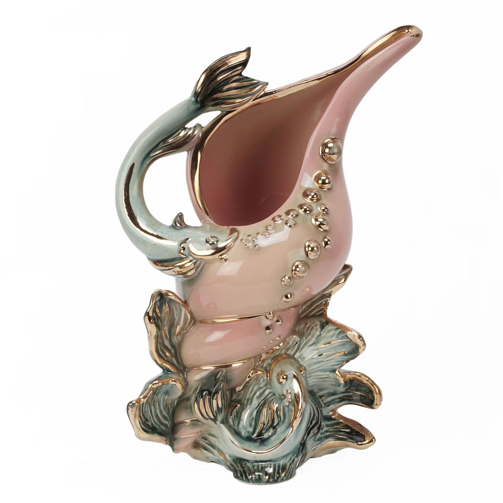 Hull Pottery Ebb Tide Shell Sculpture: Pastel green and pink shell shaped sculpture with two fish and gilded details. Made by Hull pottery with makers mark stamped on the bottom. Shipping Options: Please Read Shipping Terms Got something s