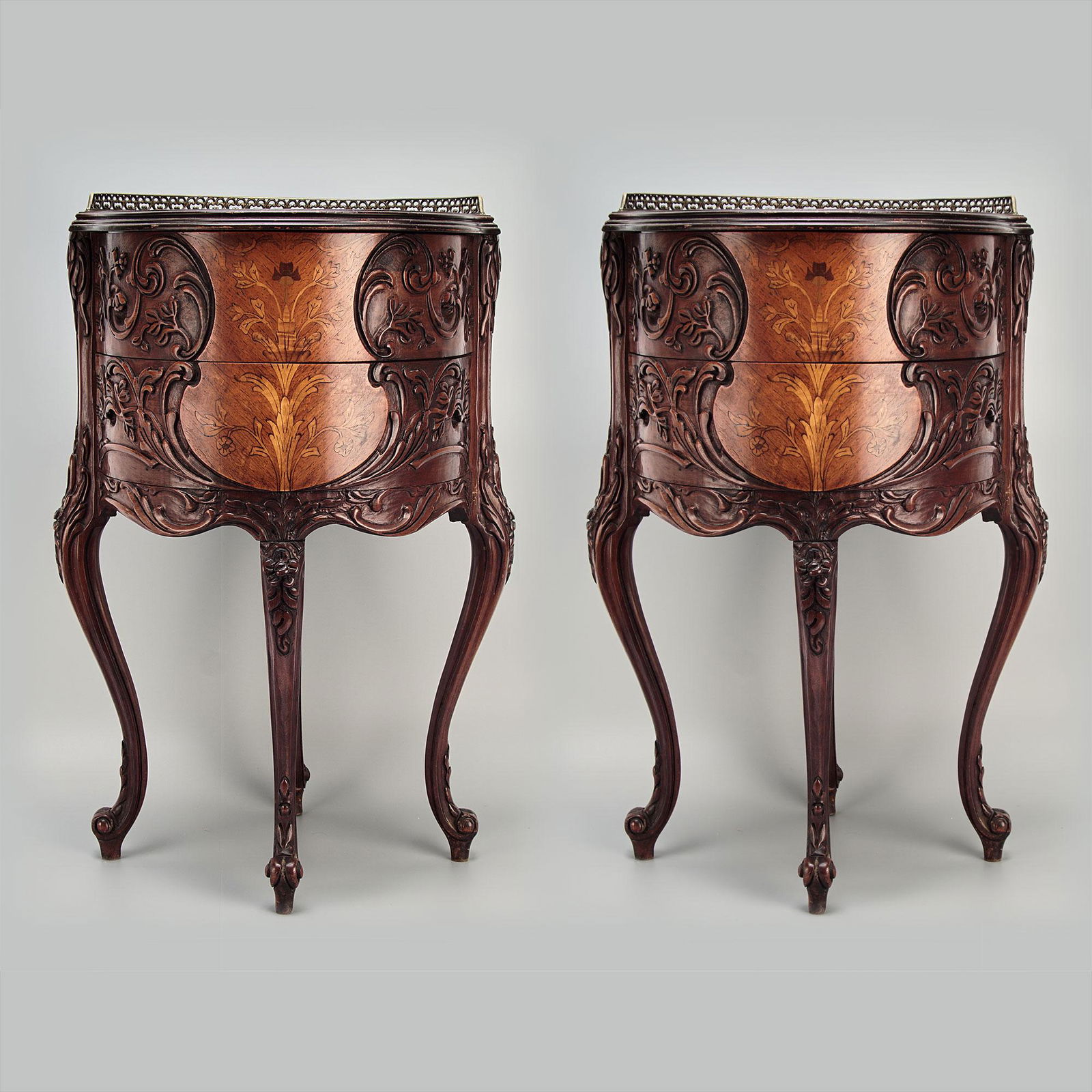Pair Louis XV Style Wood Carved Inlaid Side Tables (1 of 6)