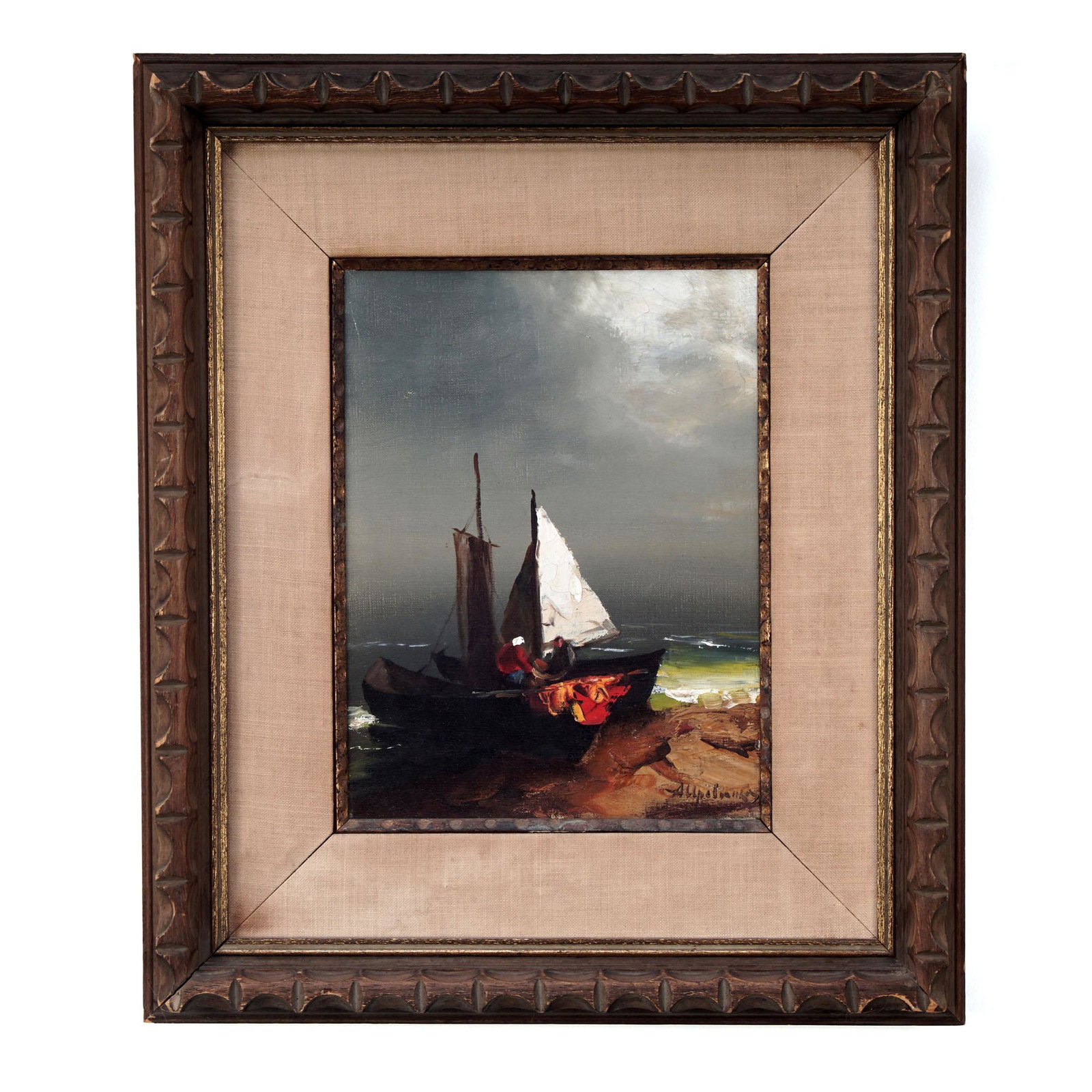 Arthur Upelnieks Early 20th Century Oil Painting Of A Pair Fishermen Loading Unloading Their Catch: Artist: Arthur Upelnieks. Born in Riga in 1911 the son of a peasant. Studied art in Riga at the Academy against the will of his father. The crutics say he is a "fanatic" of color. With passion and gen