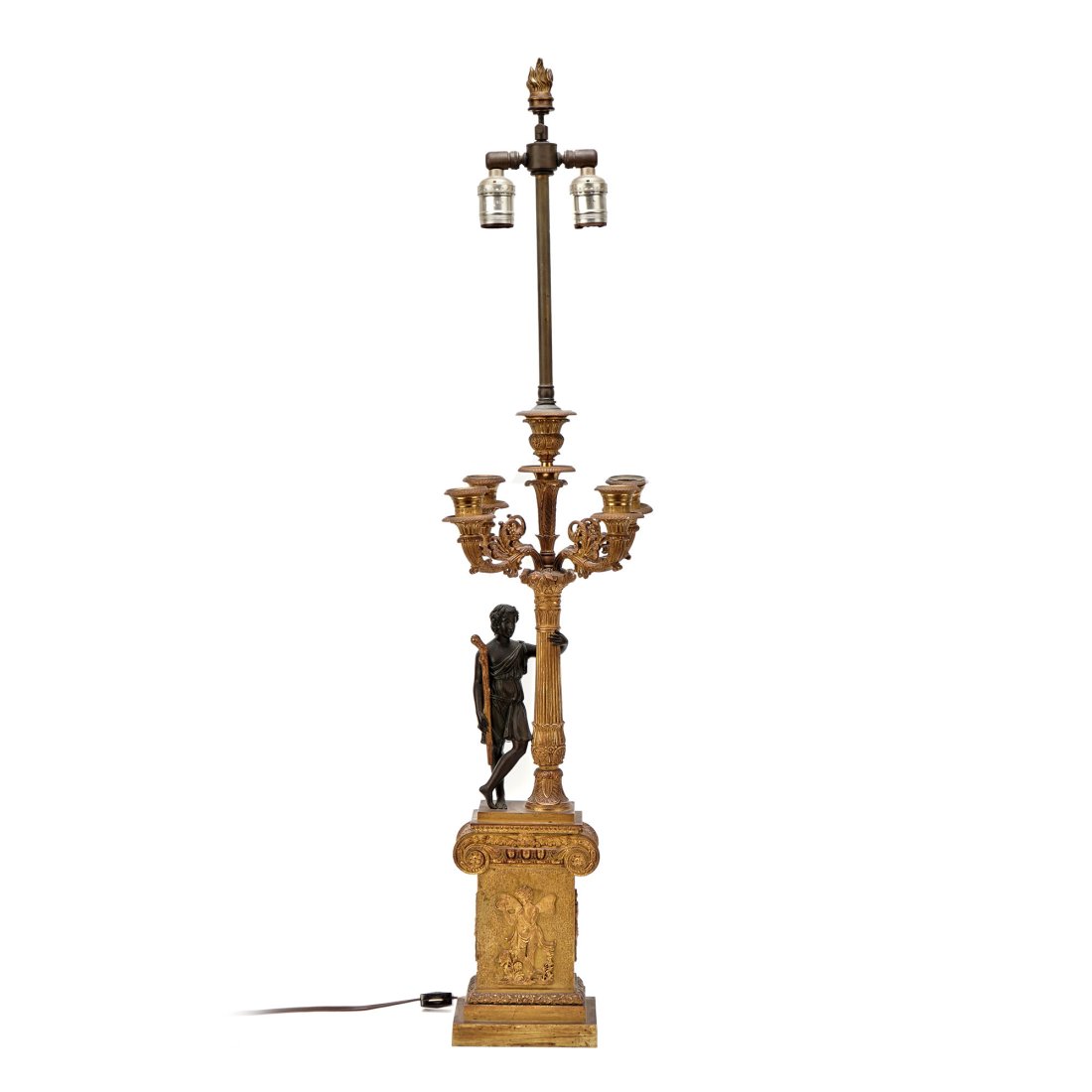 Neoclassical Gilt Figural Four Arm Candelabra Lamp of Bronze Boy Sheppard Holding To Column (1 of 12)