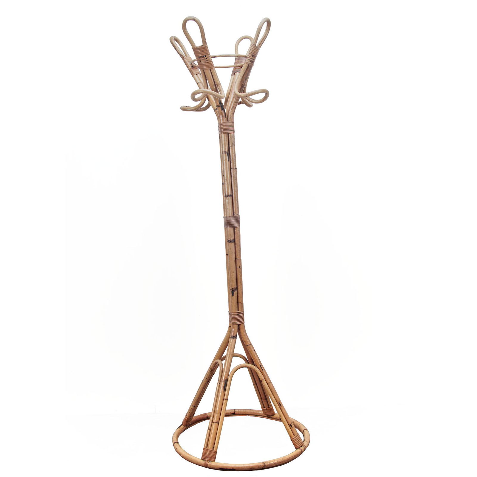 Bamboo & Rattan Coat Rack Manner of Franco Albini: This rack features a 2-layer structure with 4 large hooks and 4 small hooks for garments, bags, and hats.Natural Bamboo and Rattan Coat Rack in the Manner of Franco Albini, 1950s DimensionsHeight: 71.
