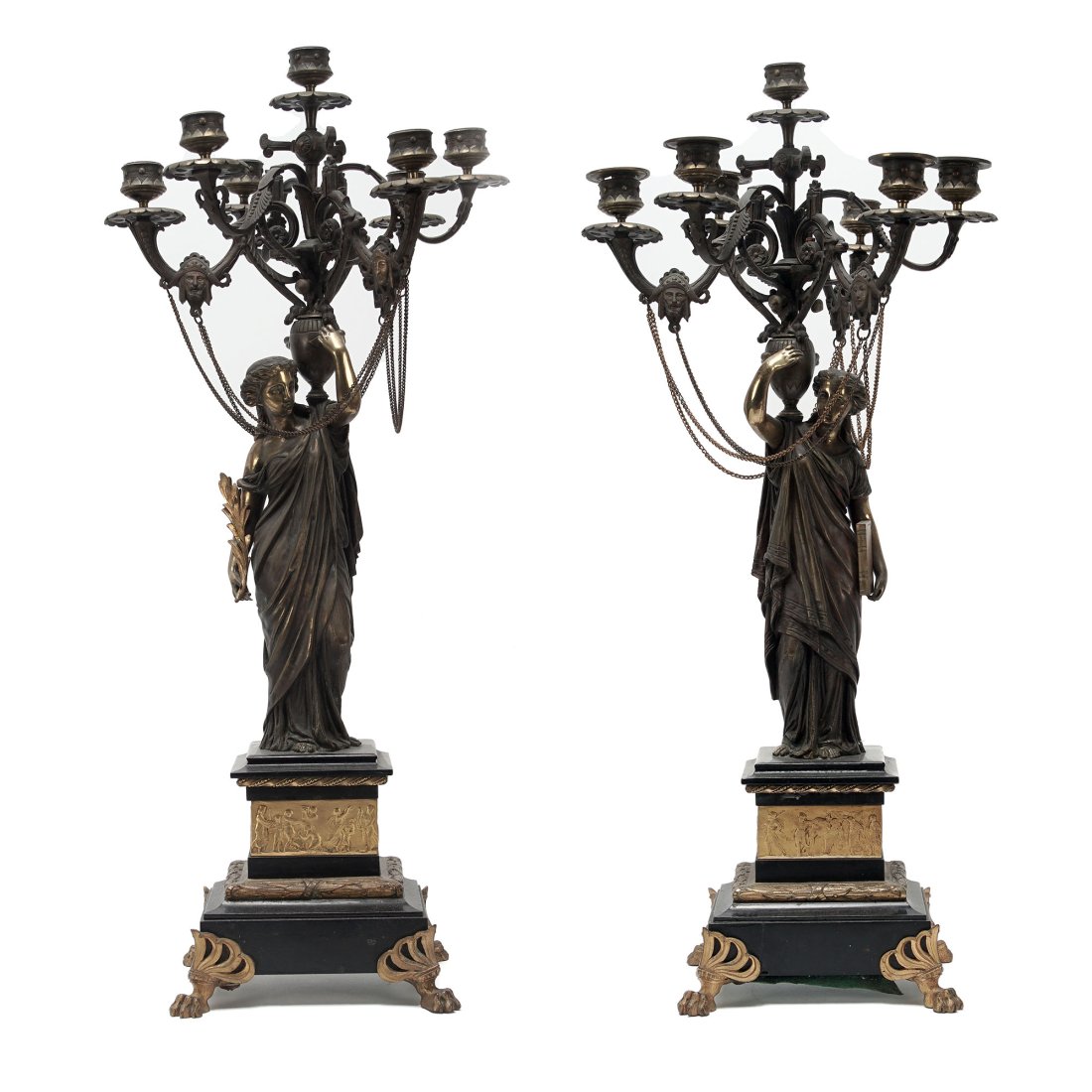 Pair of Antique Neoclassical Empire Bronze Figural Candelabras: Pair of Antique Neoclassical Empire Bronze Figural Candelabras Product Dimensions 27" H x 12" W Base: 8" x 6.5" Shipping Options: Notable Auctions will not ship. We will refer a local shipper for inte