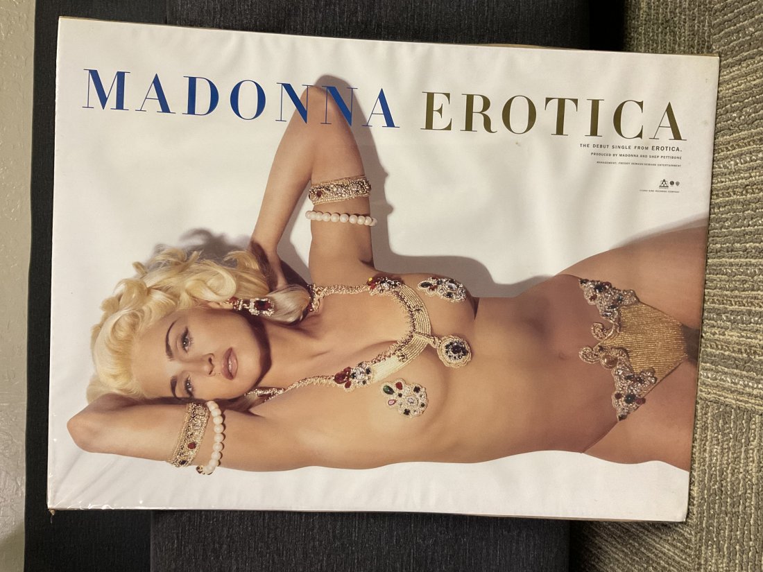 Madonna Erotica1992: Madonna Erotica Poster 1992 ; The Debut Single From Erotica. Produced by Madonna and Shep Pettibone ; 1992 Sire Records Company Clear image Some ripplingSmall stain mark to the left of the â€œO&rd