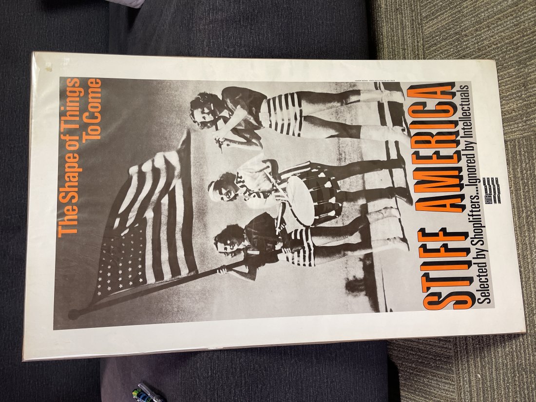 Stiff America the shape of things to come promo poster: Stiff America poster 1980 selected by shopliftersâ€¦ignored by intellectuals. May have a slight corner ding but nothing significant. Store promotion poster. 18” x 29” approximately