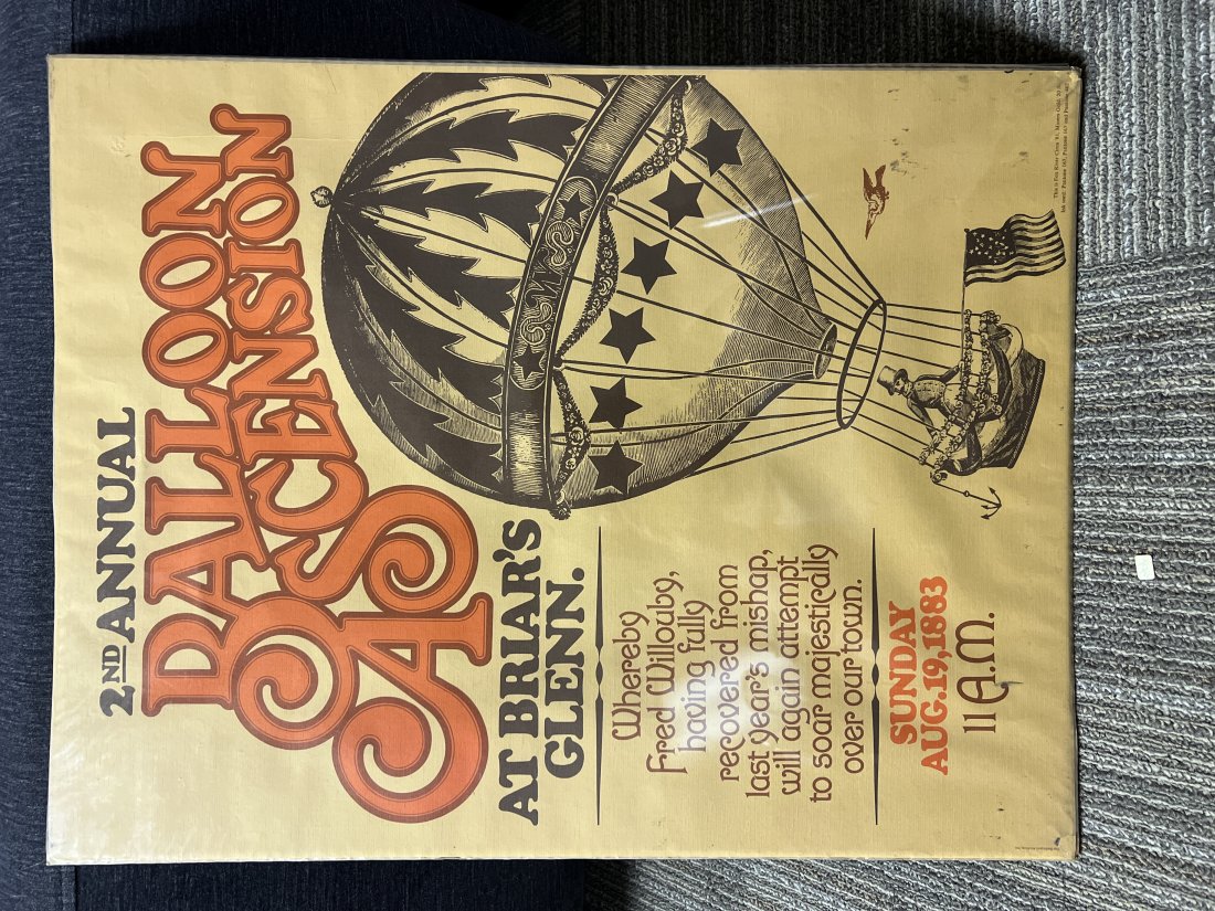 Fred Willouby 2nd Annual Balloon Ascension At Briarâ€™a Glenn 1883 Poster: Fred Willouby 2nd Annual Balloon Ascension At Briarâ€™a Glenn 1883 PosterFox River Circa 1883 , Minerâ€™s Gold The Bettman Archive, IncInk used : Pantone 165, Pantone 167, and Pantone 462Pos