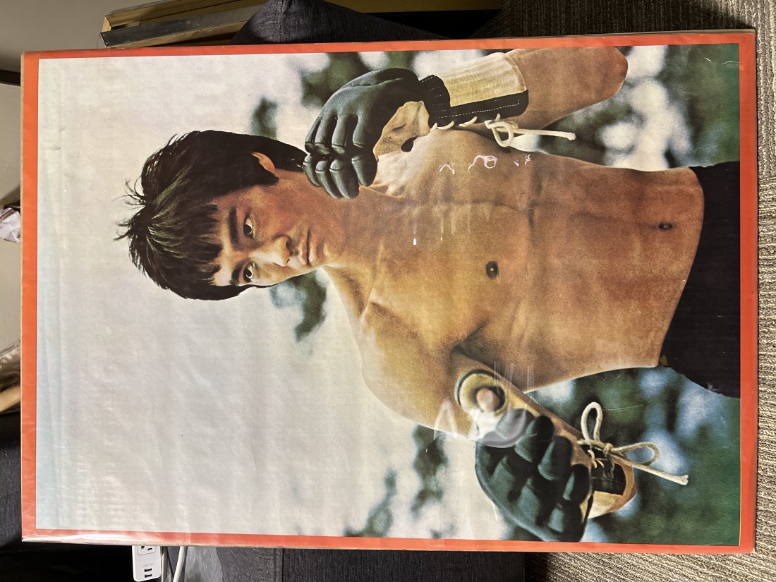 1977 Bruce Lee Boxing Gloves Movie Poster: 1977 Bruce Lee Boxing Gloves Movie Poster Light edge wear , light creasing , light corner wear .33” x 22”