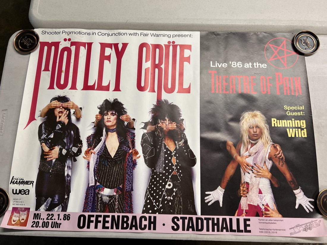 Motley Crue 1986 Theatre of Pain German Show Promo Poster: Motley Crue 1986 Theatre of Pain German Show Promo Poster , 33” x 23.5” , Poster has staining, may be able to be removed with careful cleaning. Poster has creasing due to storage.