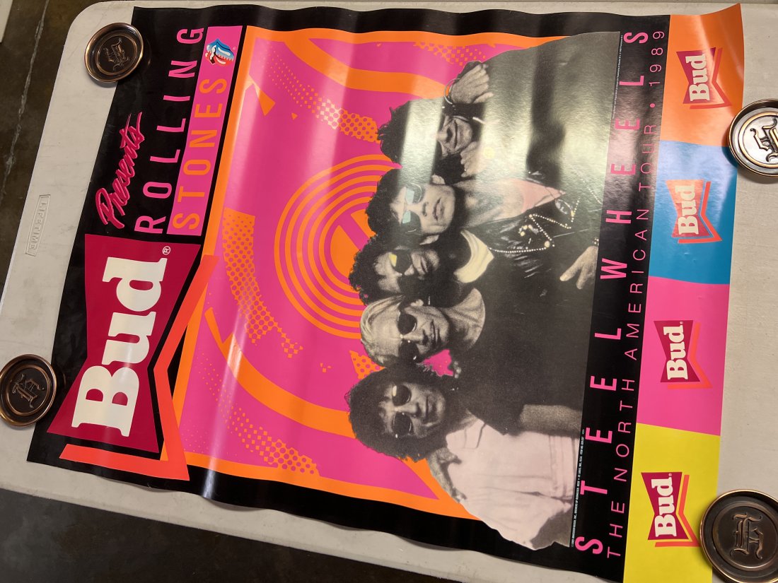 Budweiser Rolling Stones 1989 Promo Poster: Budweiser Rolling Stones 1989 Promo Poster , Item no 029-237 , poster is rippled fromBeing rolled up in storage , minimal edgewear no significant visible damages , 28” x 22”