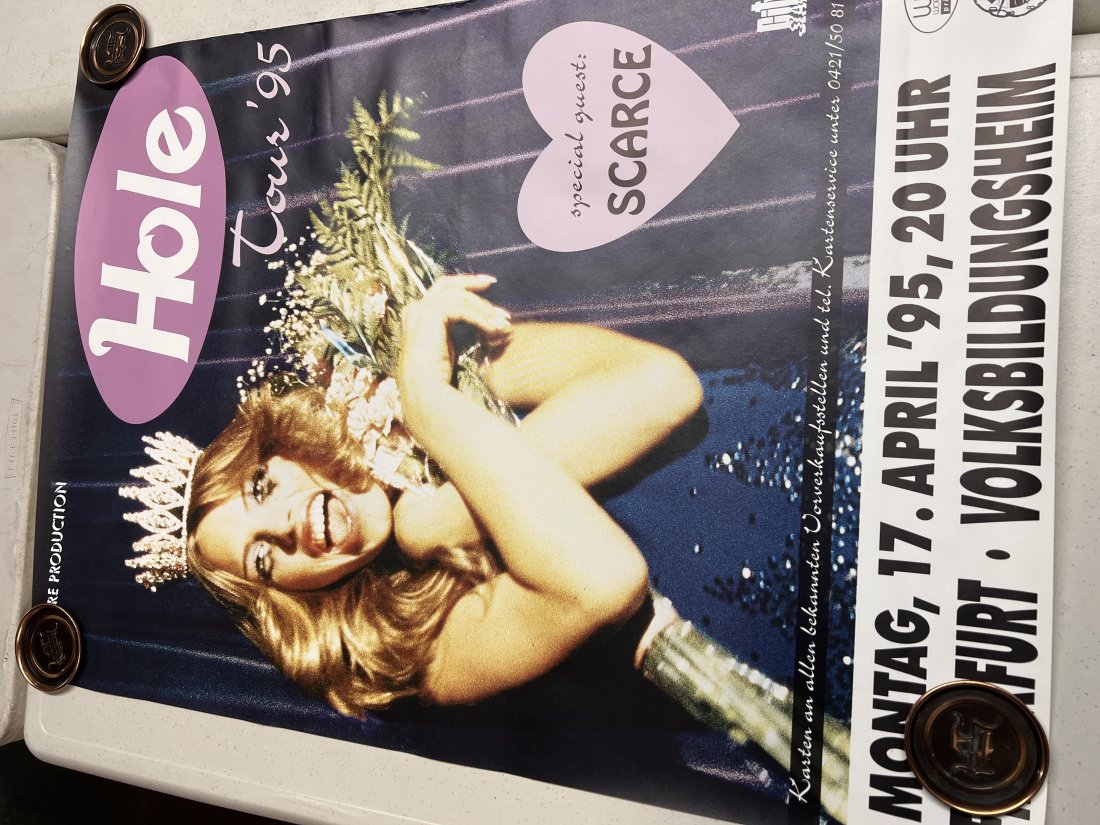 1995 Hole tour concert poster UK/German version: Good condition. Hard to find poster. Measures 33” x 23.5”. Slight edge wear on right side
