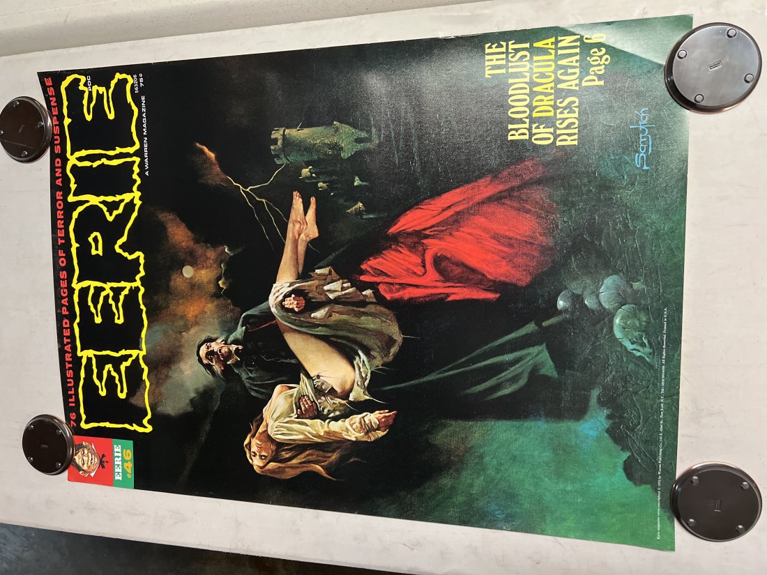Eerie #46 Warren Magazine 1972 Dracula Magazine Horror Cover Poster: Poster may show minimal damages such as cornerwear, edgewear as shown in photos. Posters may also show crease marks due to prior forms of storage. Measurements: 28” x 20”