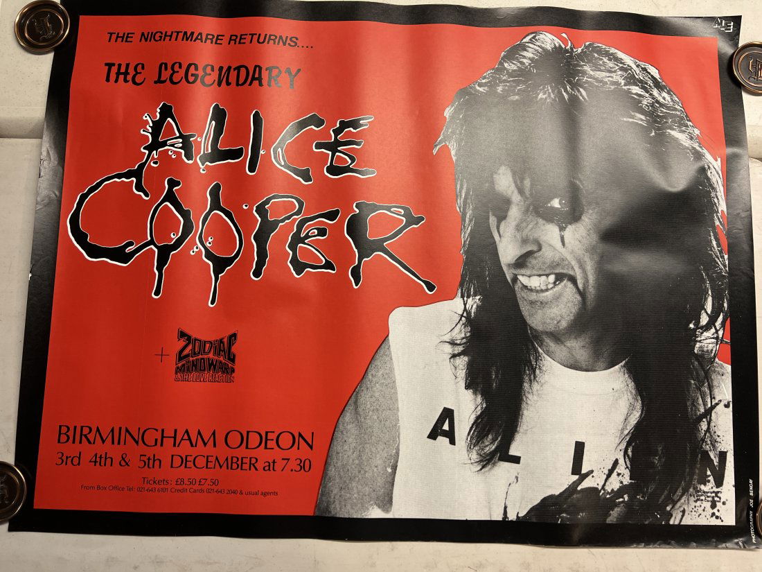 Alice Cooper Birmingham Odeon Show Promo Poster: Poster may show minimal damages such as cornerwear, edgewear as shown in photos. Posters may also show crease marks due to prior forms of storage. Measurements: 39” x 29.5”