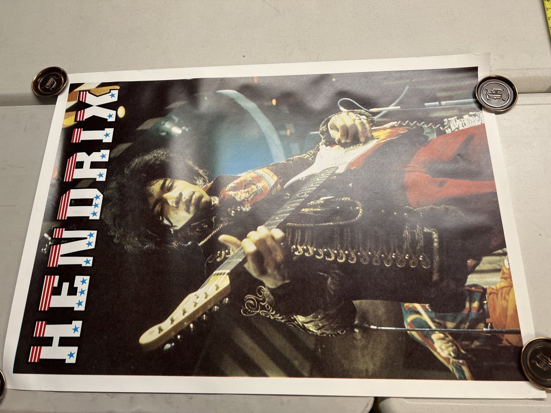 Vintage Hendrix on Guitar Album Poster Promo: Poster may show minimal damages such as cornerwear, edgewear as shown in photos. Posters may also show crease marks due to prior forms of storage. Measurements: 35.5” x 25”