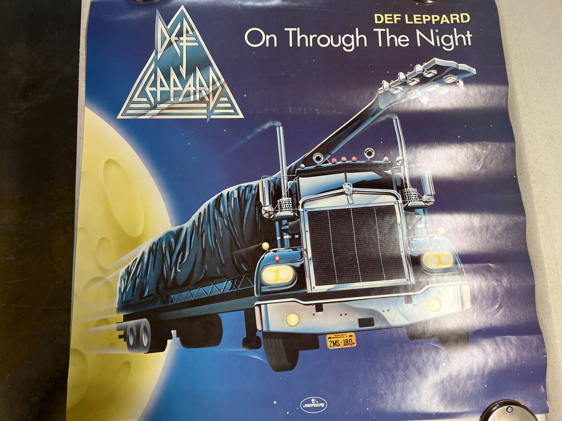 Def Leppard On Through The Night Album Promo Poster: Poster may show minimal damages such as cornerwear, edgewear as shown in photos. Posters may also show crease marks due to prior forms of storage. Measurements: 24” x 24”