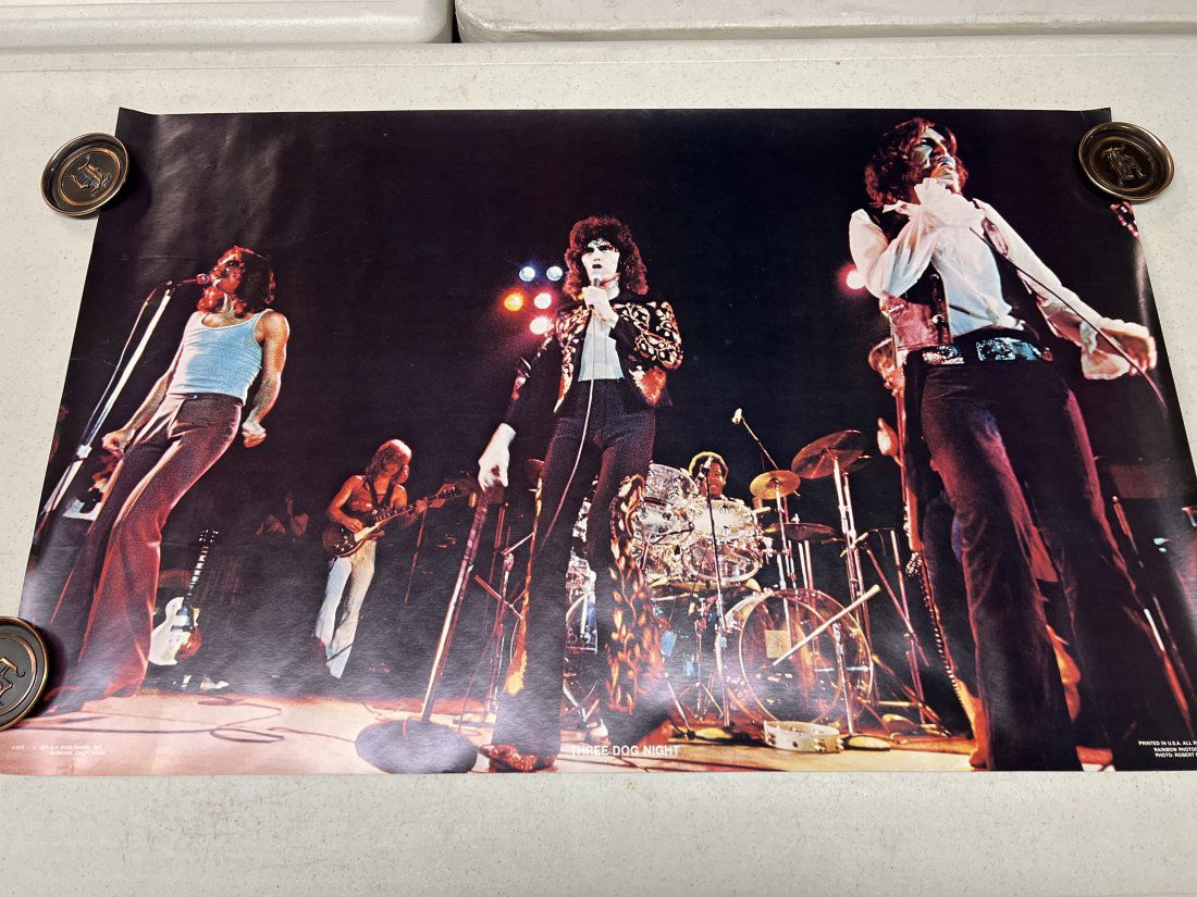 Three Dog Night 1974 Album Promo Poster: Poster may show minimal damages such as cornerwear, edgewear as shown in photos. Posters may also show crease marks due to prior forms of storage. Measurements: 34” x 21.5”