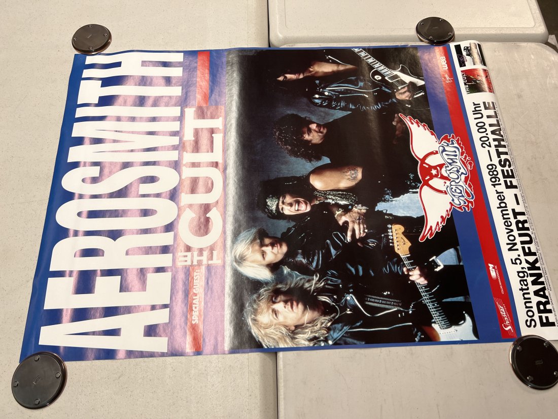 Aerosmith with The Cult 1989 Show Promo Poster: Poster may show minimal damages such as cornerwear, edgewear as shown in photos. Posters may also show crease marks due to prior forms of storage. Measurements: 33” x 23.5”