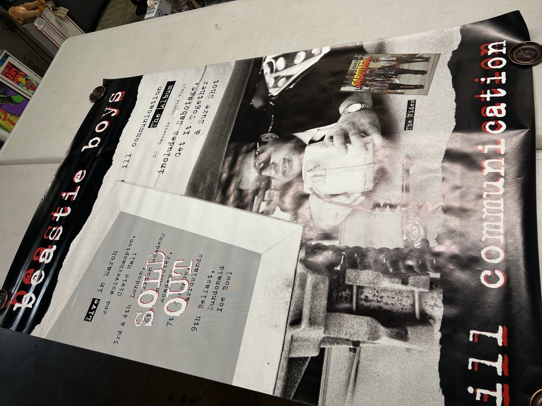 Beastie Boys Ill Communication Album and Video Promo Poster: Poster may show minimal damages such as cornerwear, edgewear as shown in photos. Posters may also show crease marks due to prior forms of storage. Measurements: 60” x 40”