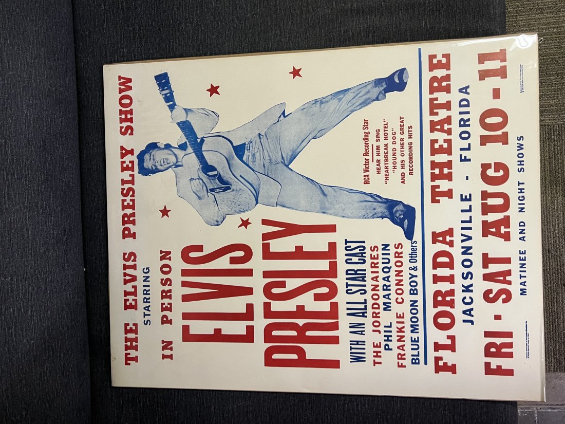 The Elvis Presley Show Reprint of Original 1965 Florida Theatre Show Poster: Poster may show minimal damages such as cornerwear, edgewear as shown in photos. Posters may also show crease marks due to prior forms of storage. Measurements:28” x 22”